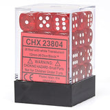 Dice 36 Red w/white Translucent 12mm D6 Dice Block