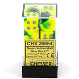 Chessex Gemini Green-Yellow/Silver 16mm D6 Dice Block Set of 12