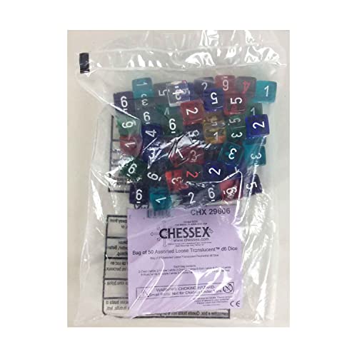 Chessex Manufacturing CHX29606 Poly D6 Assorted Bag of Board Game Dice - Translucent - 50 Piece