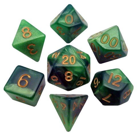 Metallic Dice Games LIC155 16 mm Combo Attack Dice&#44; Set of 7 - Green & Light Green with Gold Numbers