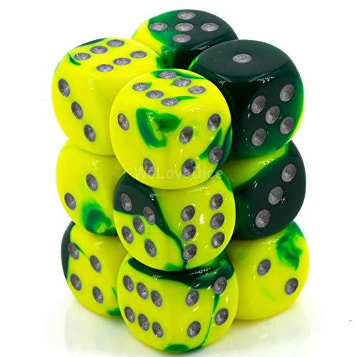 Chessex Gemini Green-Yellow/Silver 16mm D6 Dice Block Set of 12